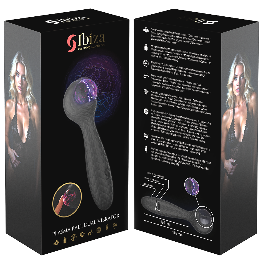 Confezione di IBIZA vibratore nero, idea regalo intimo donna elegante e innovativa con stimolatore a sfera plasma.